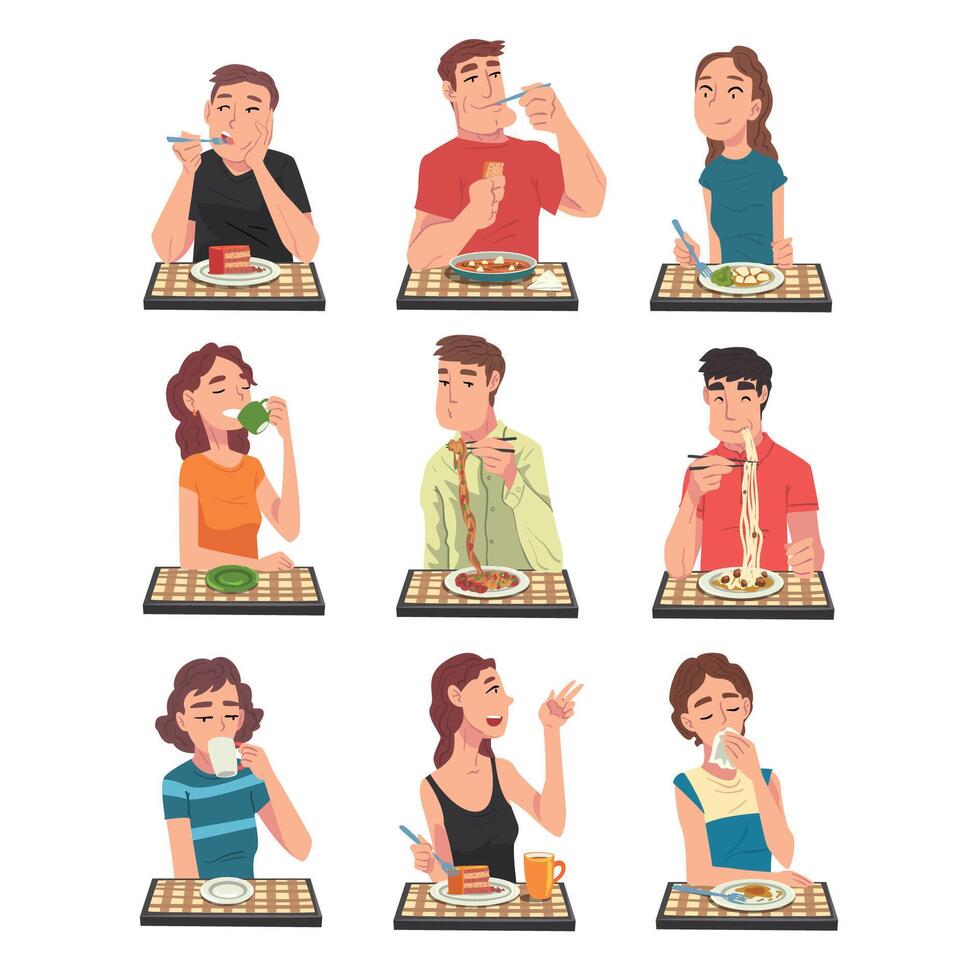 People Eating Different Meals Set, Men and Women Sitting at Tables Enjoying Eating of Delicious Food Illustration vector