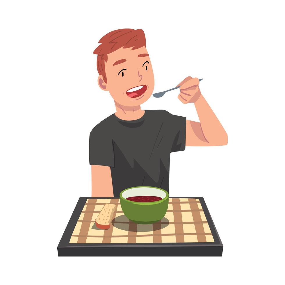 Young Man Eating Delicious Soup, Cheerful Guy Sitting at Table with Checkered Tablecloth Cartoon Illustration vector