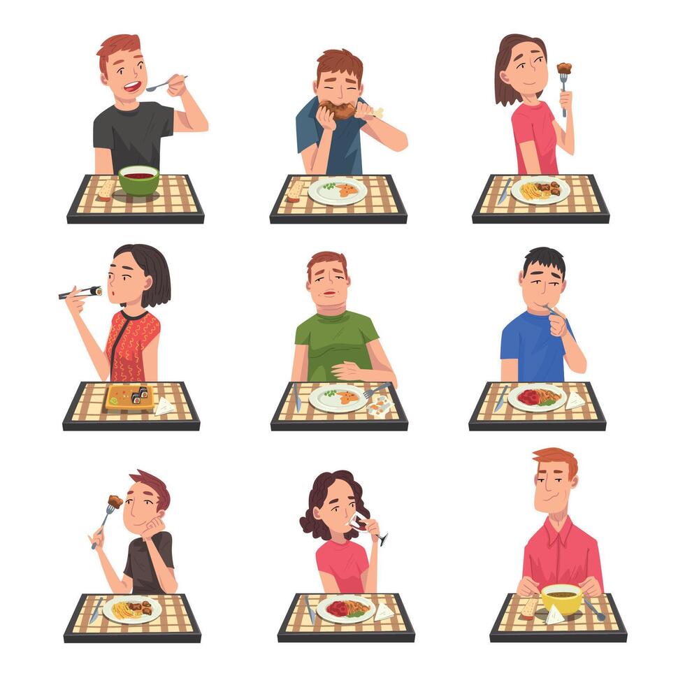 People Eating Different Meals Set, Men and Women Sitting at Tables with Checkered Tablecloth Enjoying Eating of Delicious Food Illustration vector