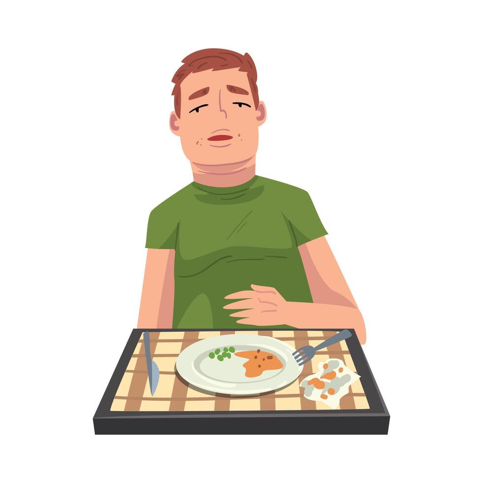 Man with Full Stomach Eating Delicious Meal, Cheerful Guy Sitting at Table with Checkered Tablecloth with Empty Plate Cartoon Illustration vector