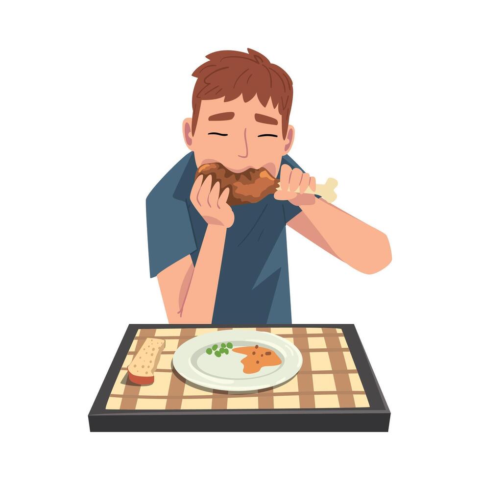 Young Man Eating Fried Chicken Drumstick, Cheerful Guy Sitting at Table with Checkered Tablecloth Cartoon Illustration vector