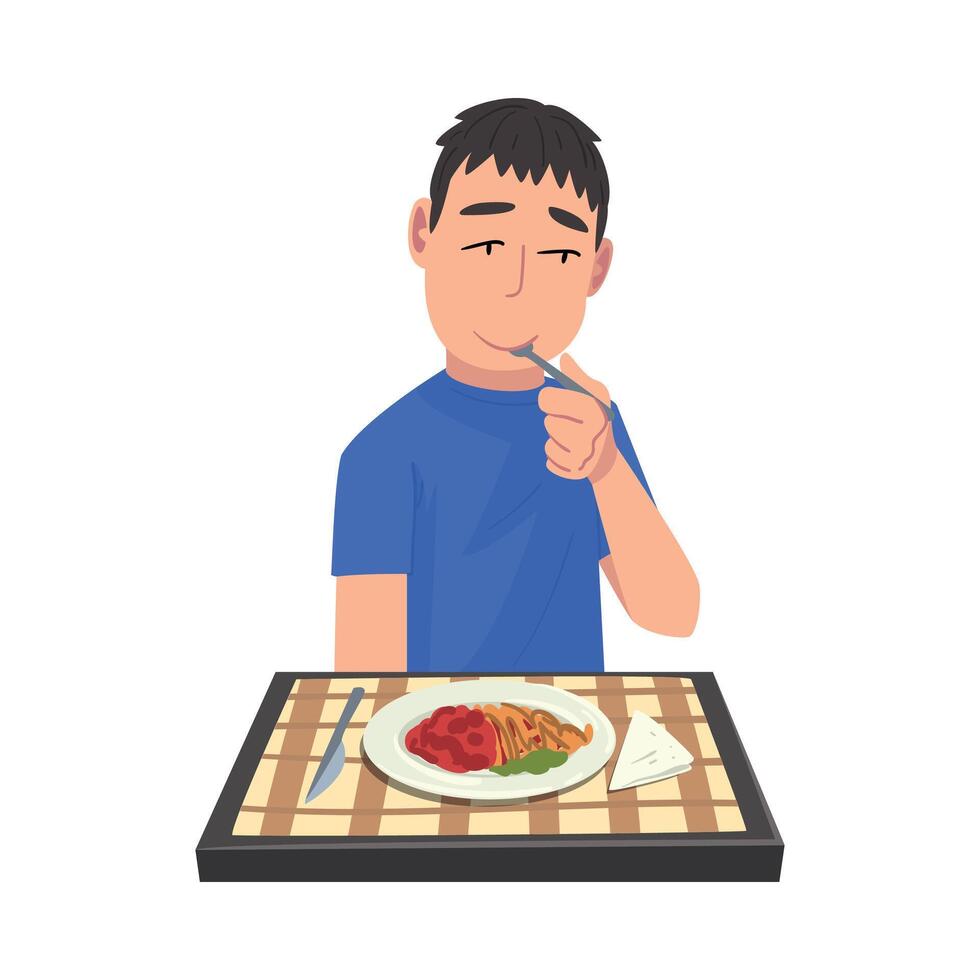 Young Man Eating Delicious Meal, Cheerful Guy Sitting at Table with Checkered Tablecloth Cartoon Illustration vector