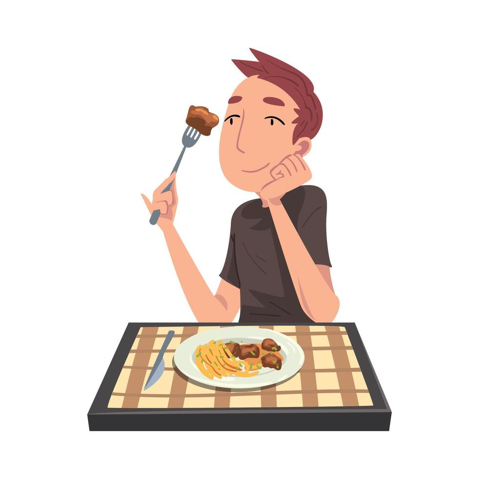 Young Man Eating Meat with French Fries, Cheerful Guy Sitting at Table with Checkered Tablecloth Cartoon Illustration vector
