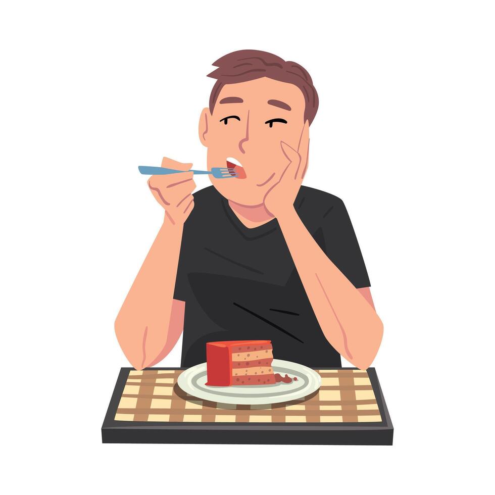 Young Man Eating Delicious Cake, Cheerful Guy Sitting at Table with Checkered Tablecloth Cartoon Illustration vector