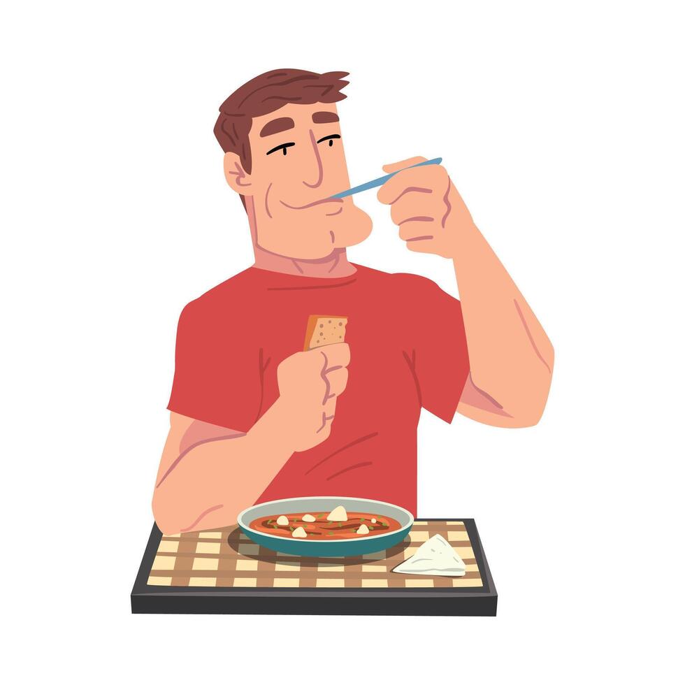Young Man Eating Delicious Stewed Meal, Cheerful Guy Sitting at Table with Checkered Tablecloth Cartoon Illustration vector