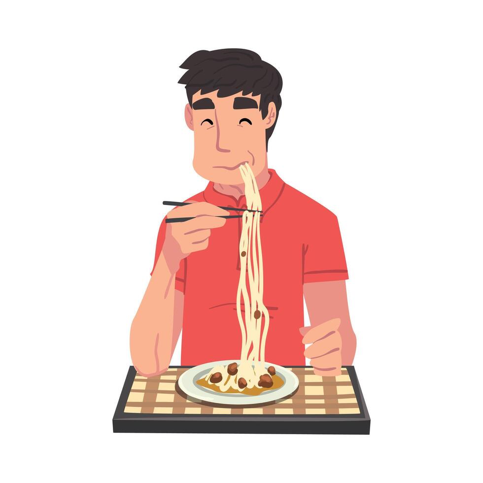 Man Eating Delicious Pasta, Cheerful Guy Sitting at Table with Checkered Tablecloth Cartoon Illustration vector