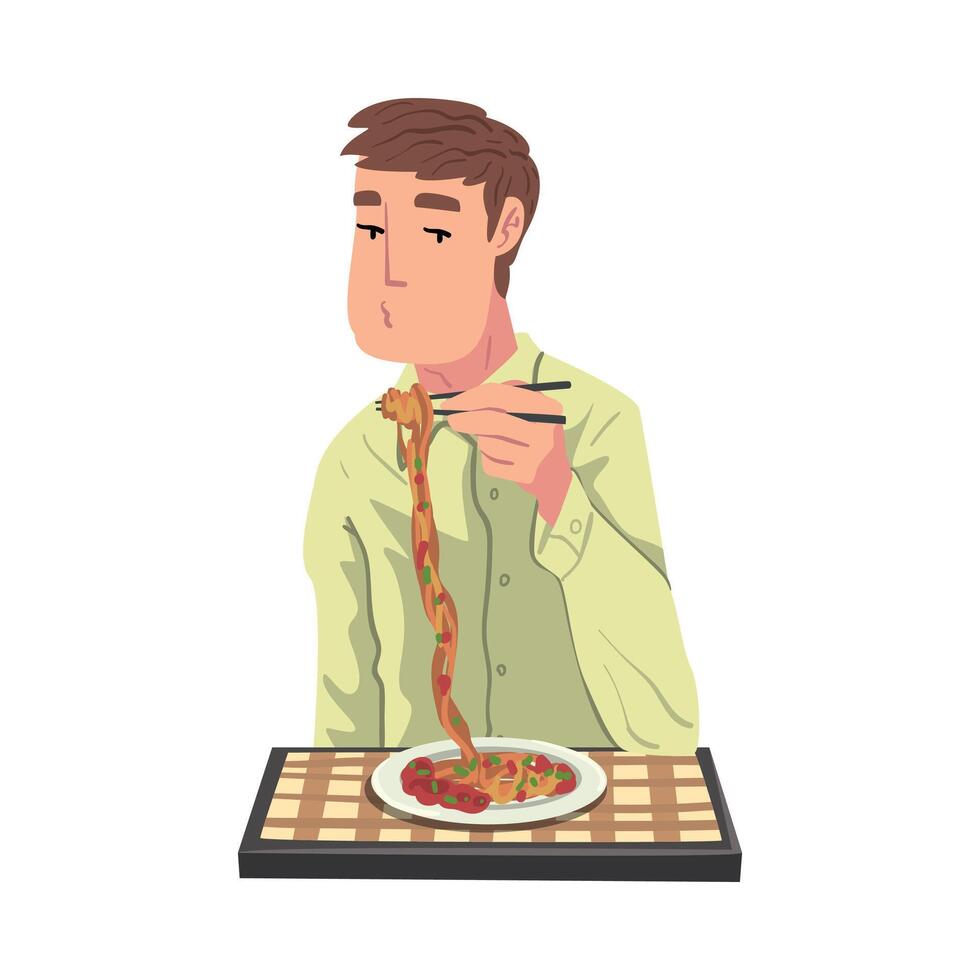 Young Man Eating Pasta, Cheerful Guy Sitting at Table with Checkered Tablecloth Enjoying Eating of Delicious Food Cartoon Illustration vector