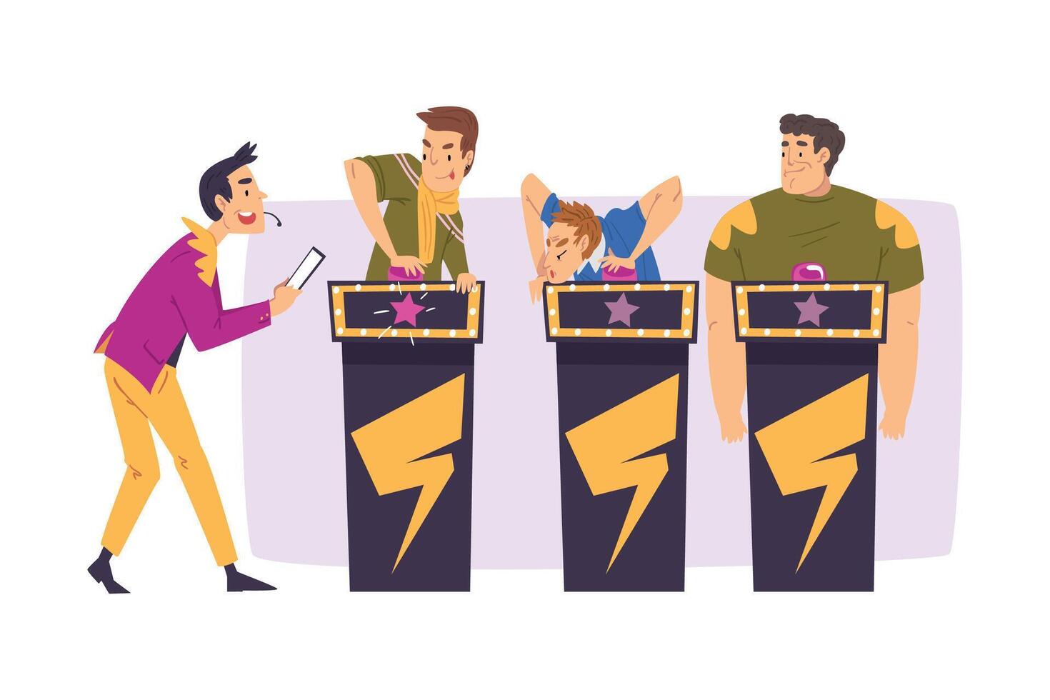 People Playing on Quiz Show, Participants Answering Questions on Television Intellectual Game Cartoon Style Illustration vector