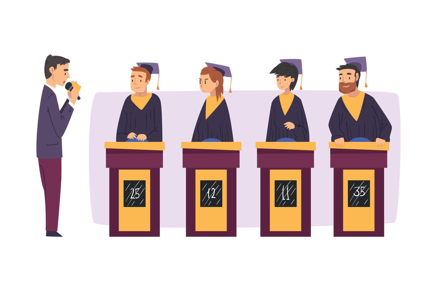 People Playing on Quiz Show, Participants Wearing Robe and Graduation Cap Answering Questions on Television Intellectual Game Cartoon Style Illustration vector