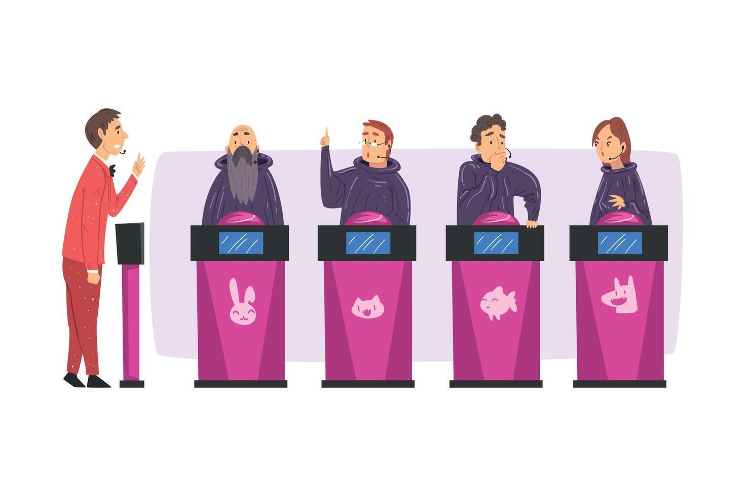 People Playing on Quiz Show, Male Presenter Asking and Participants Answering Questions on Television Intellectual Game Cartoon Style Illustration vector