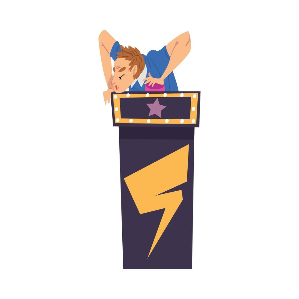 Man Guessing Questions on Quiz Show, Guy Pressing Button and Answering Question on Television Conundrum Game Cartoon Style Illustration vector