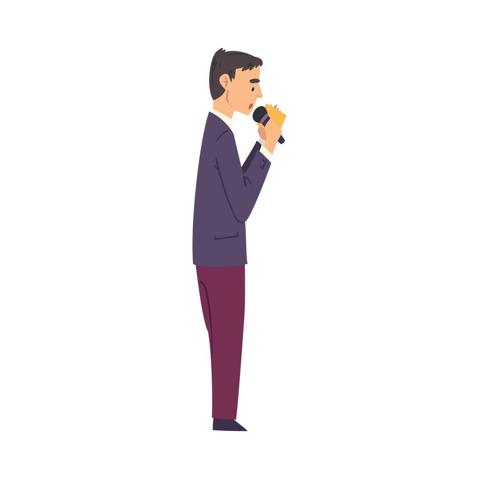 Male Presenter, TV Show Host with Microphone on Stage, Side View Cartoon Style Illustration on White Background vector