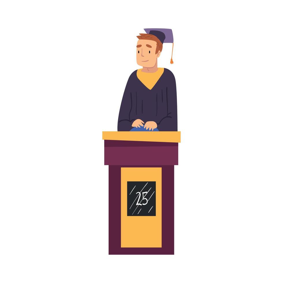 Man Guessing Questions on Quiz Show, Participant Wearing Robe and Graduation Cap Answering Question on Television Conundrum Game Cartoon Style Illustration vector