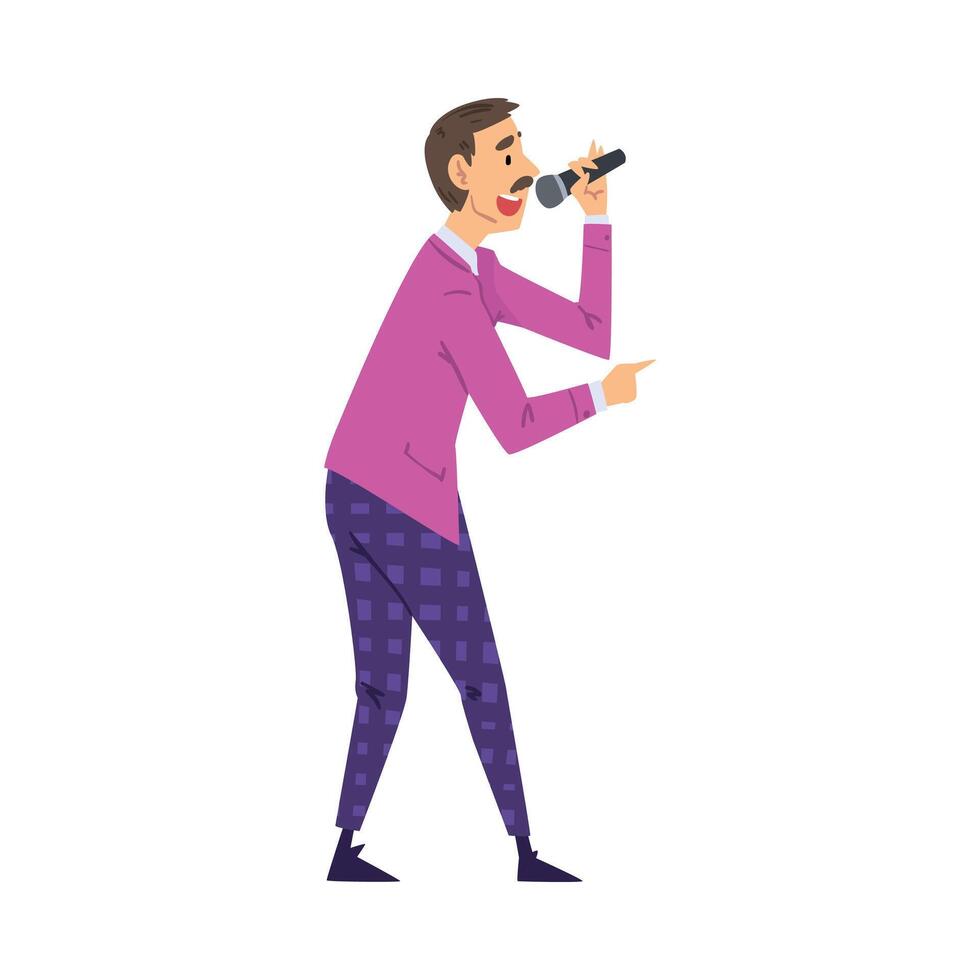 Male Presenter, TV Show Host with Microphone on Television Game Show Cartoon Style Illustration on White Background. vector