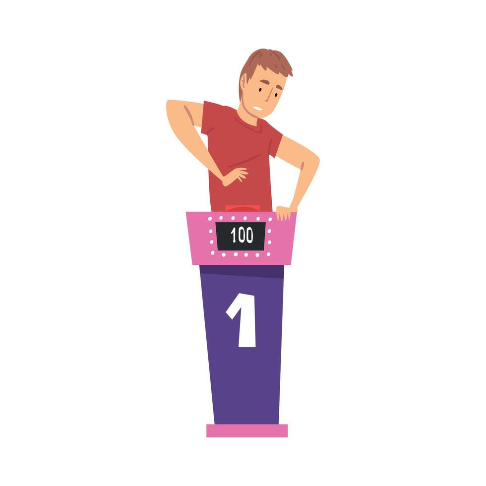 Man Guessing Question and Pressing Button on Quiz Show, Guy Playing on Television Conundrum Game Cartoon Style Illustration vector