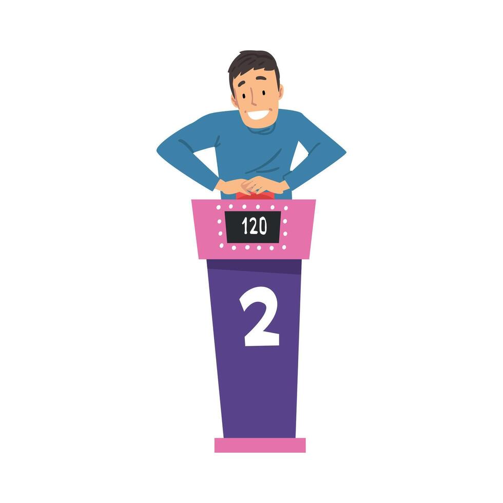 Man Guessing Quiz Question and Pressing Button, Participant Answering Question on Television Intellectual Game Cartoon Style Illustration vector
