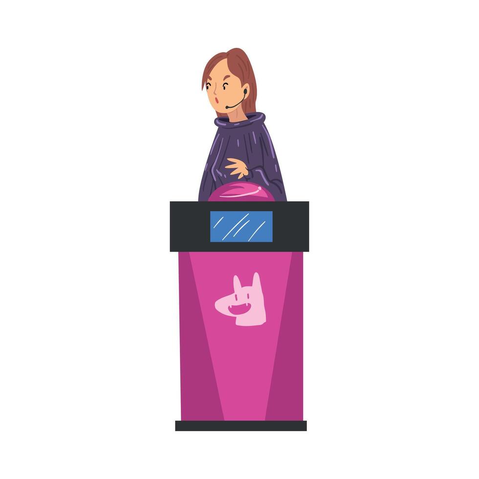 Woman Guessing Questions on Quiz Show, Girl Answering Question on Television Intellectual Game Cartoon Style Illustration vector