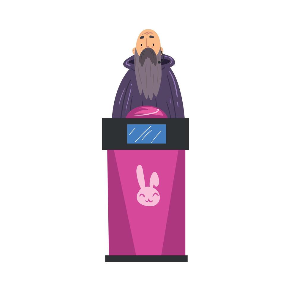 Mature Bearded Man Guessing Quiz Question, Participant Answering Question on Television Intellectual Game Cartoon Style Illustration vector