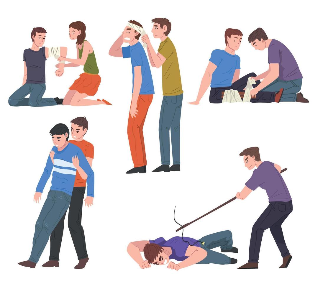 Emergency First Aid Procedures Set, People Helping Victim Persons Illustration on White Background. vector