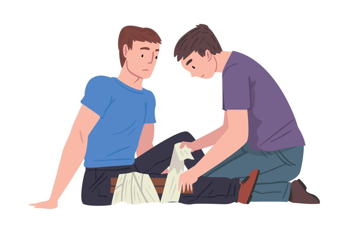 Man Helping ro Injured Person with Injured Leg, First Aid Illustration on White Background. vector
