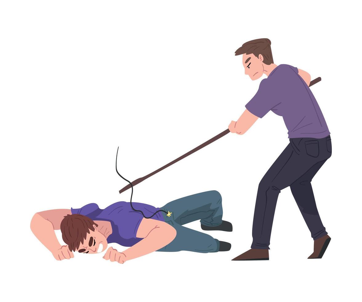 Person Receiving Electric Discharge in High Voltage Grid, Electric Shock First Aid Illustration on White Background. vector