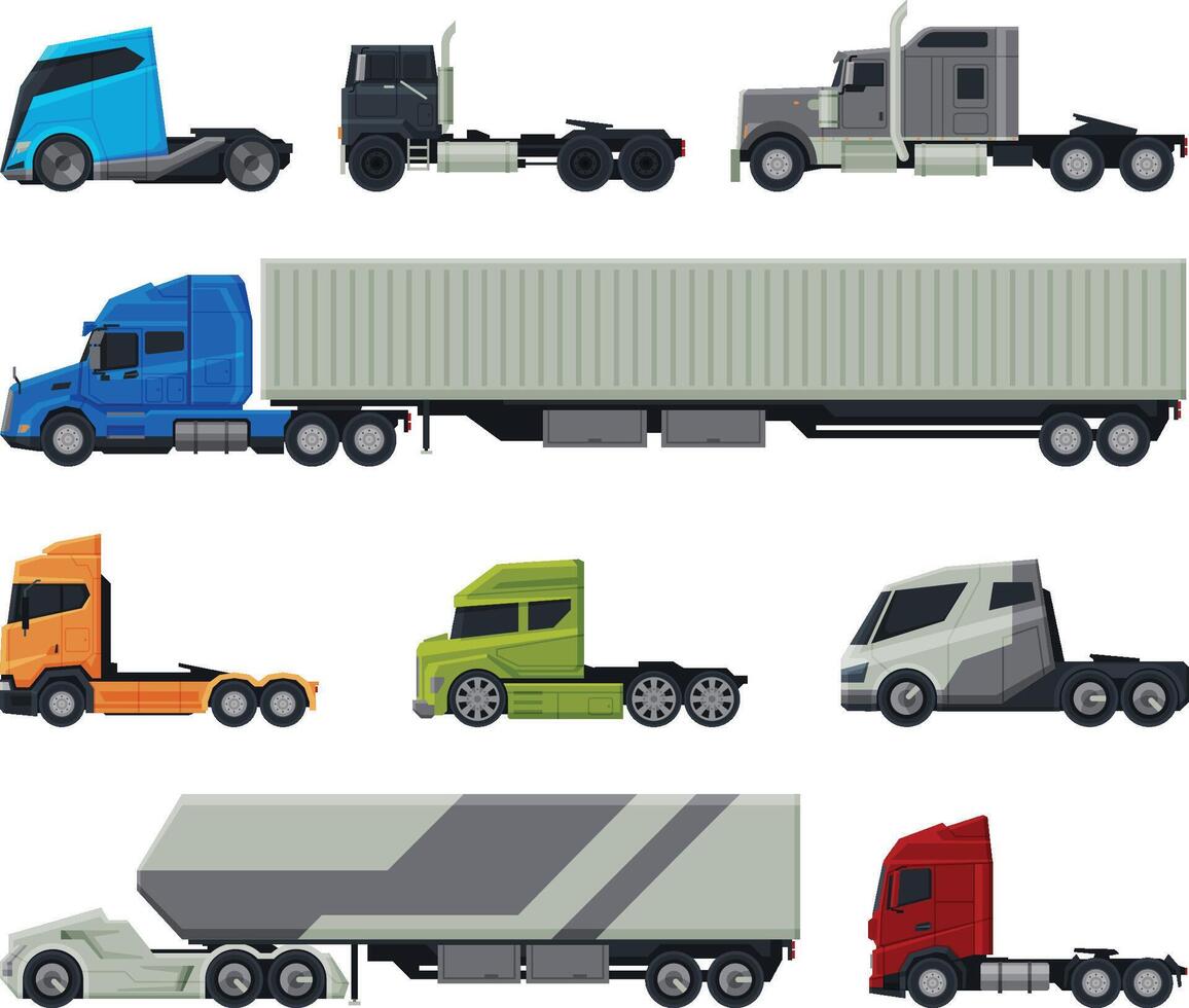 Modern Trucks Collection, Delivery and Shipping Cargo Vehicles, Side View Flat Illustration on White Background vector