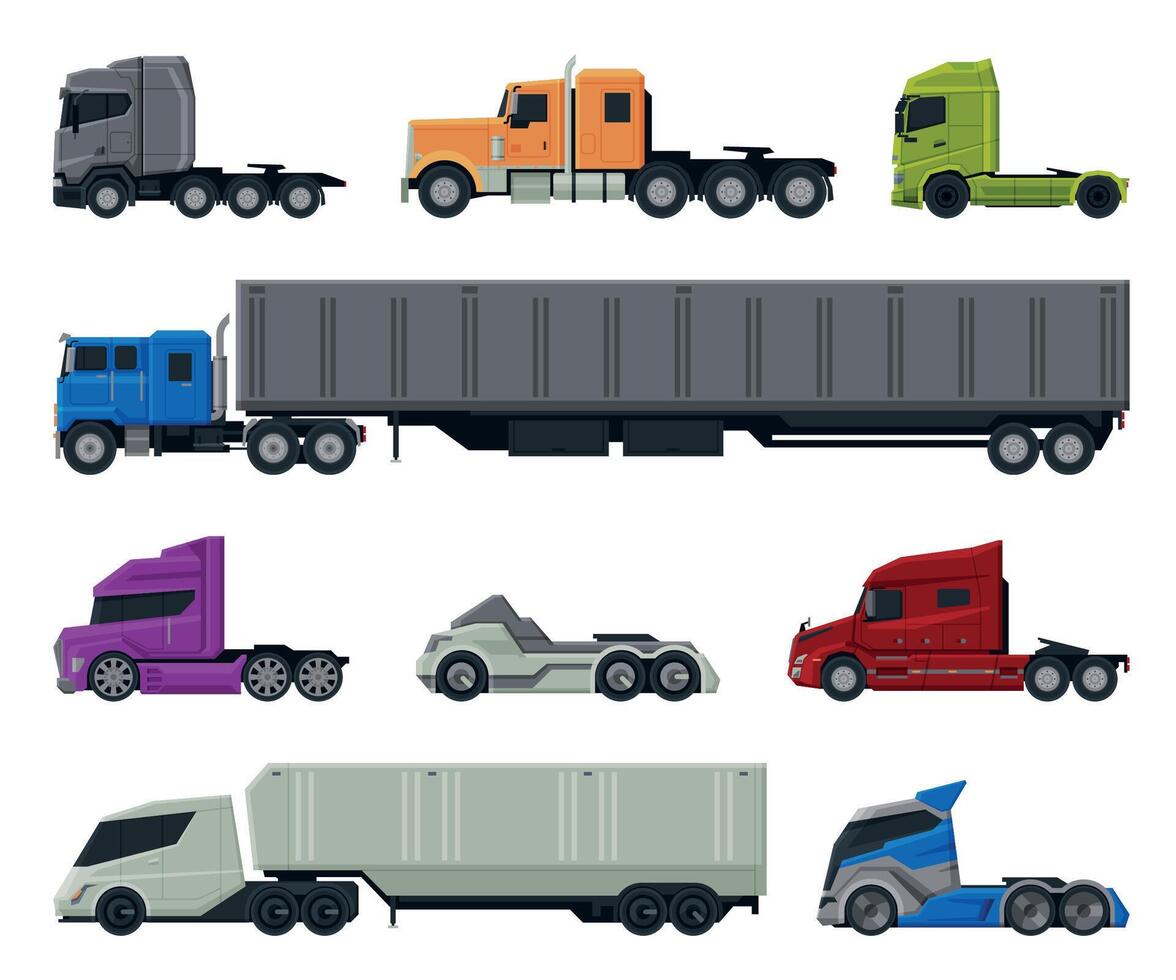 Modern Cargo Trucks Collection, Side View of Heavy Delivering Vehicles Flat Illustration on White Background vector