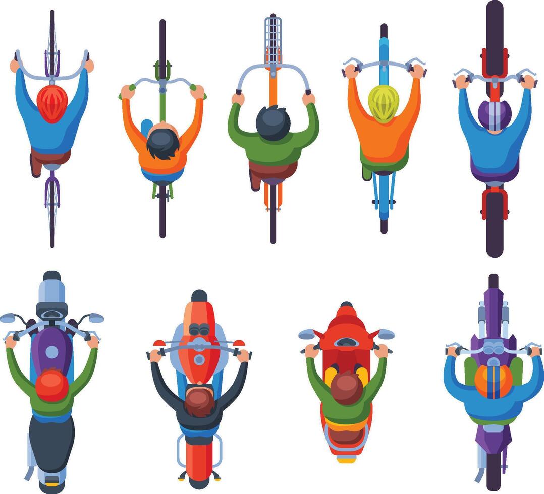 People Riding Motorcycles and Bicycles Collection, View from Above Flat, Cyclists and Motorcyclists Characters Illustration vector