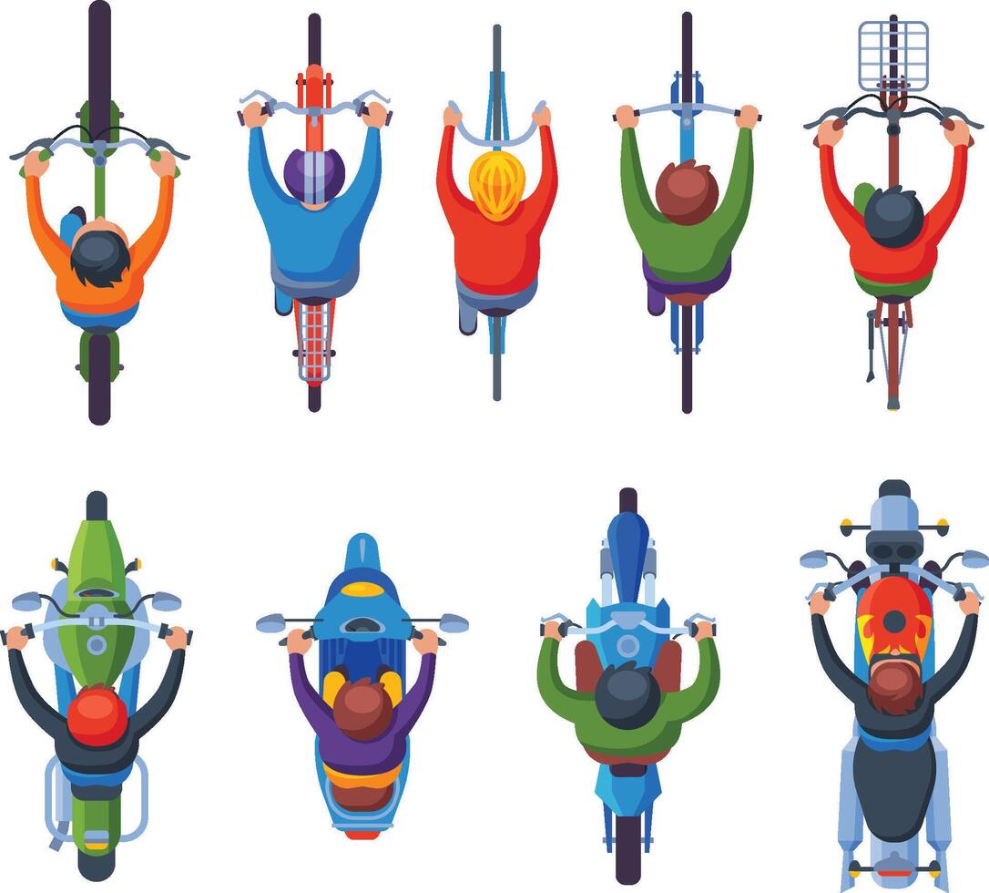 People Riding Motorcycles and Bicycles Collection, View from Above Flat Illustration vector
