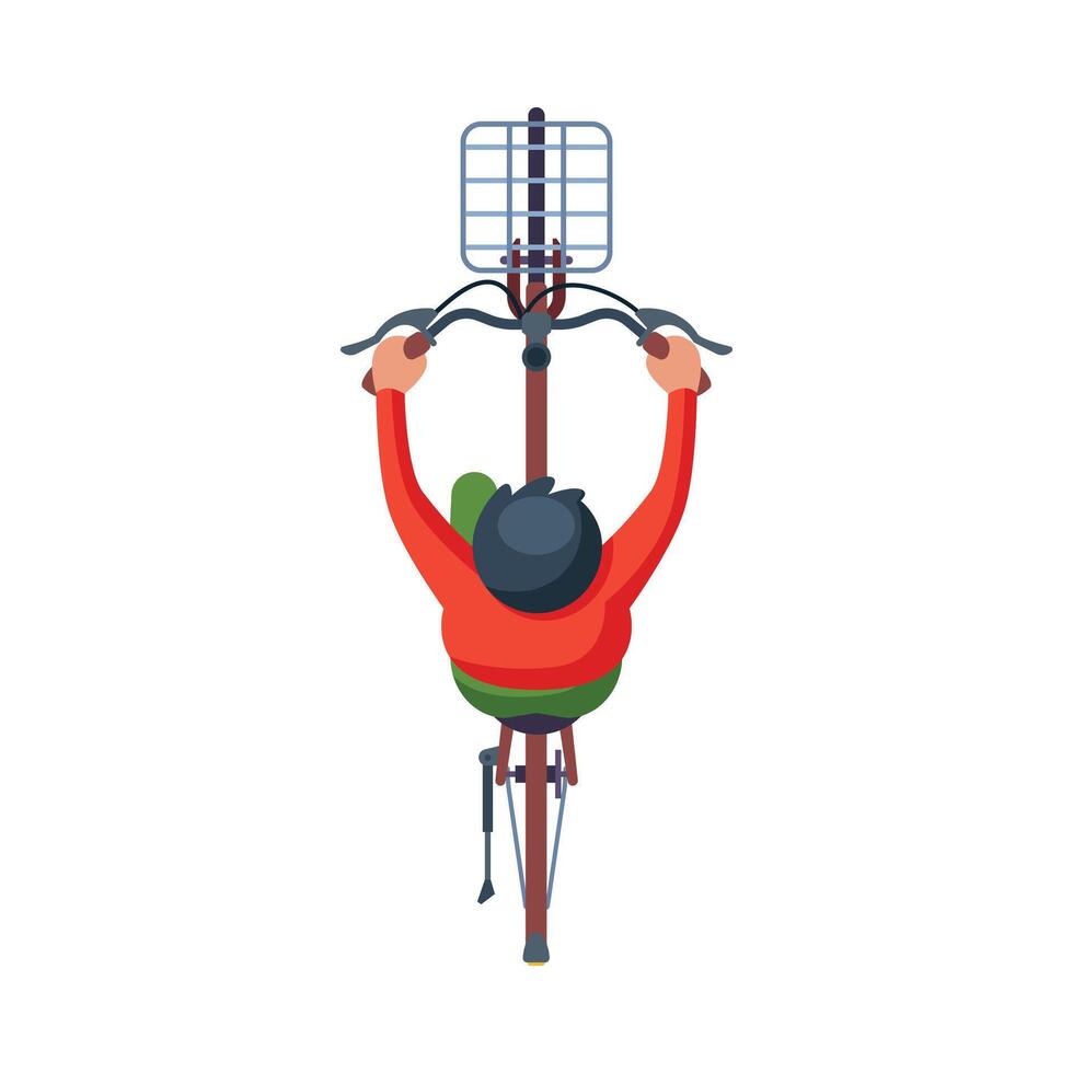 Man Riding Bike with Basket, View from Above, Cyclist Character on Bicycle, Eco Healthy Lifestyle Flat Illustration vector