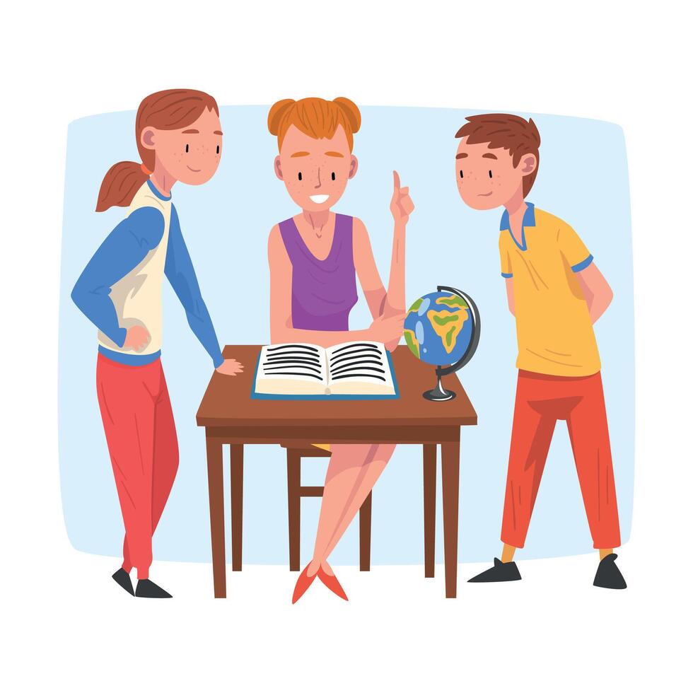 Mom Teaching Her Children, Parent Helping Son and Daughter with Homework and Explaining Lesson in Textbook, Home Schooling Cartoon Illustration vector
