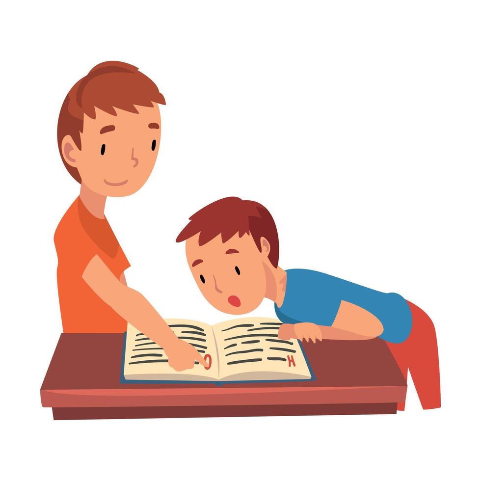 Cute Two Schoolboys Standing at Desk and Reading Book, Boy Helping his Younger Brother with Homework and Explaining Lesson in Textbook, Homeschooling Cartoon Illustration vector