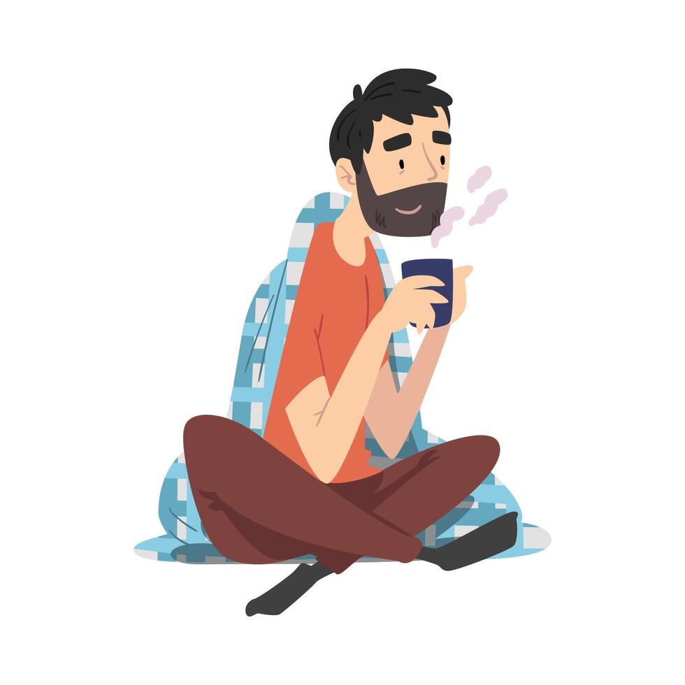 Bearded Man Sitting Under Cozy Plaid Enjoying Hot Drink Mug, Guy Drinking Beverage Wrapped in Blanket Illustration vector