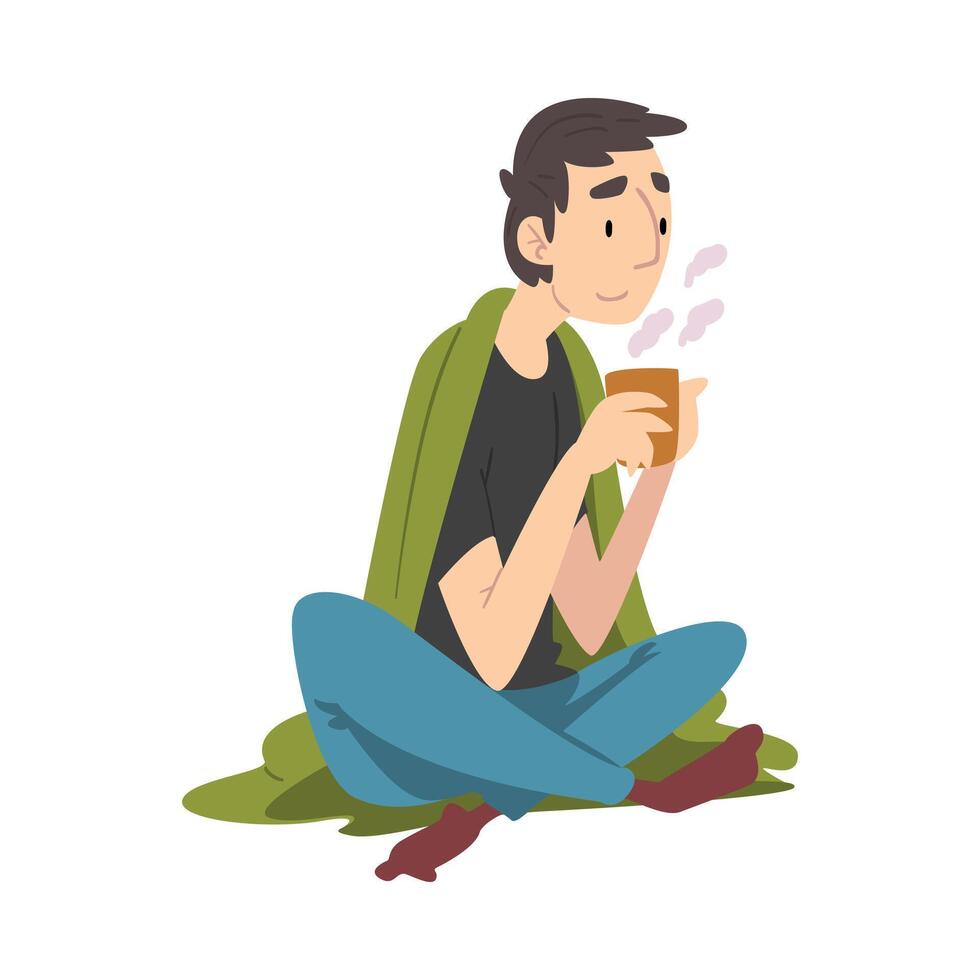 Guy Sitting Under Cozy Plaid Enjoying Hot Drink Mug, Man Drinking Beverage Wrapped in Green Blanket Illustration vector