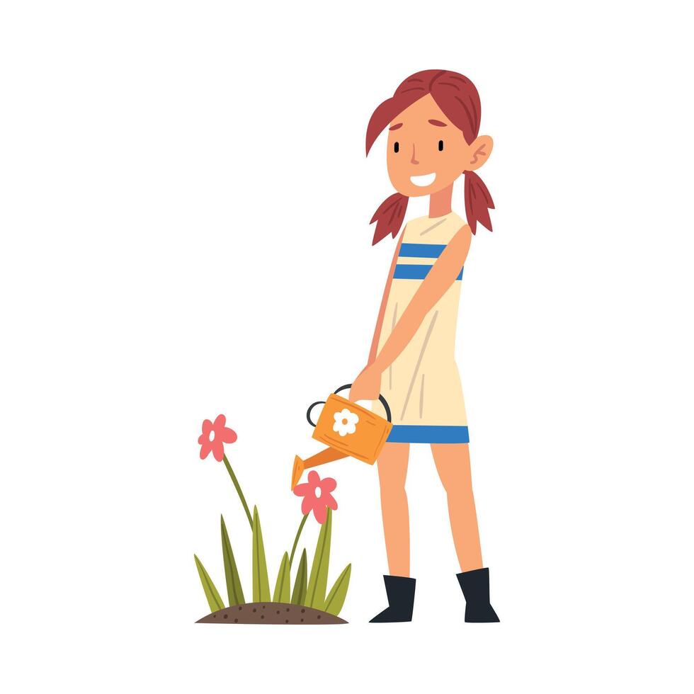 Cute Smiling Girl Watering Flowers in the Garden with Watering Can Illustration vector