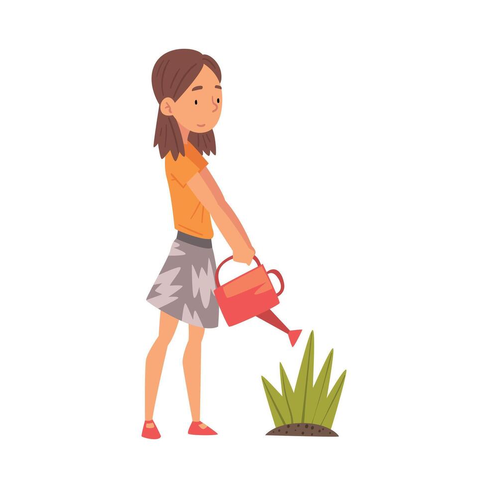 Cute Girl Watering Plants in the Garden with Watering Can Illustration vector