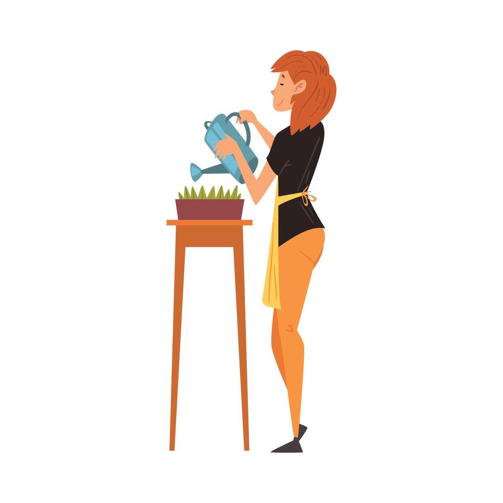 Young Woman in Apron Watering Plants with Watering Can, Girl Enjoying Gardening Illustration vector