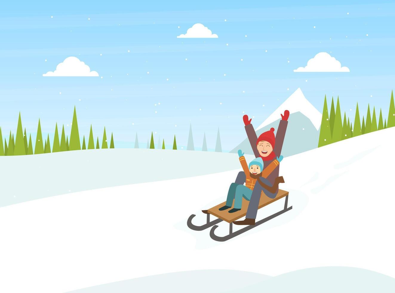 Happy Boy Dressed in Warm Clothing Sledding on Slope, Winter Sports Outdoor Activity Illustration vector