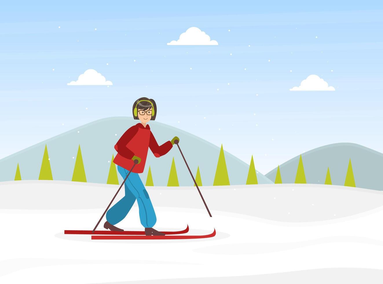 Cheerful Young Woman Dressed in Warm Clothing Skiing, Winter Sports Outdoor Activity Illustration vector