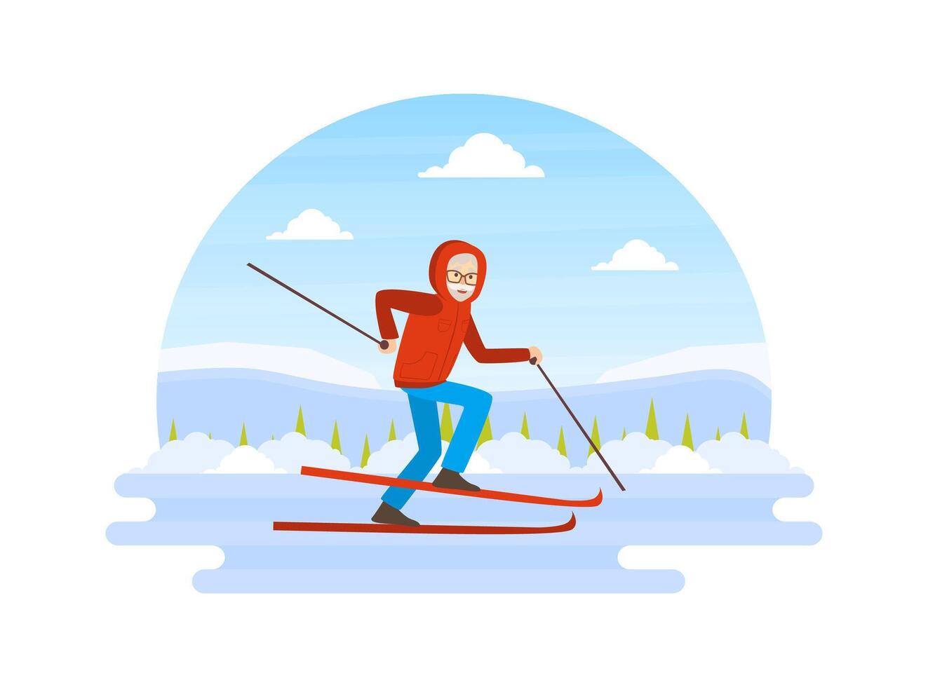 Senior Man Dressed in Warm Clothing Skiing, Winter Sports Outdoor Activity Illustration vector