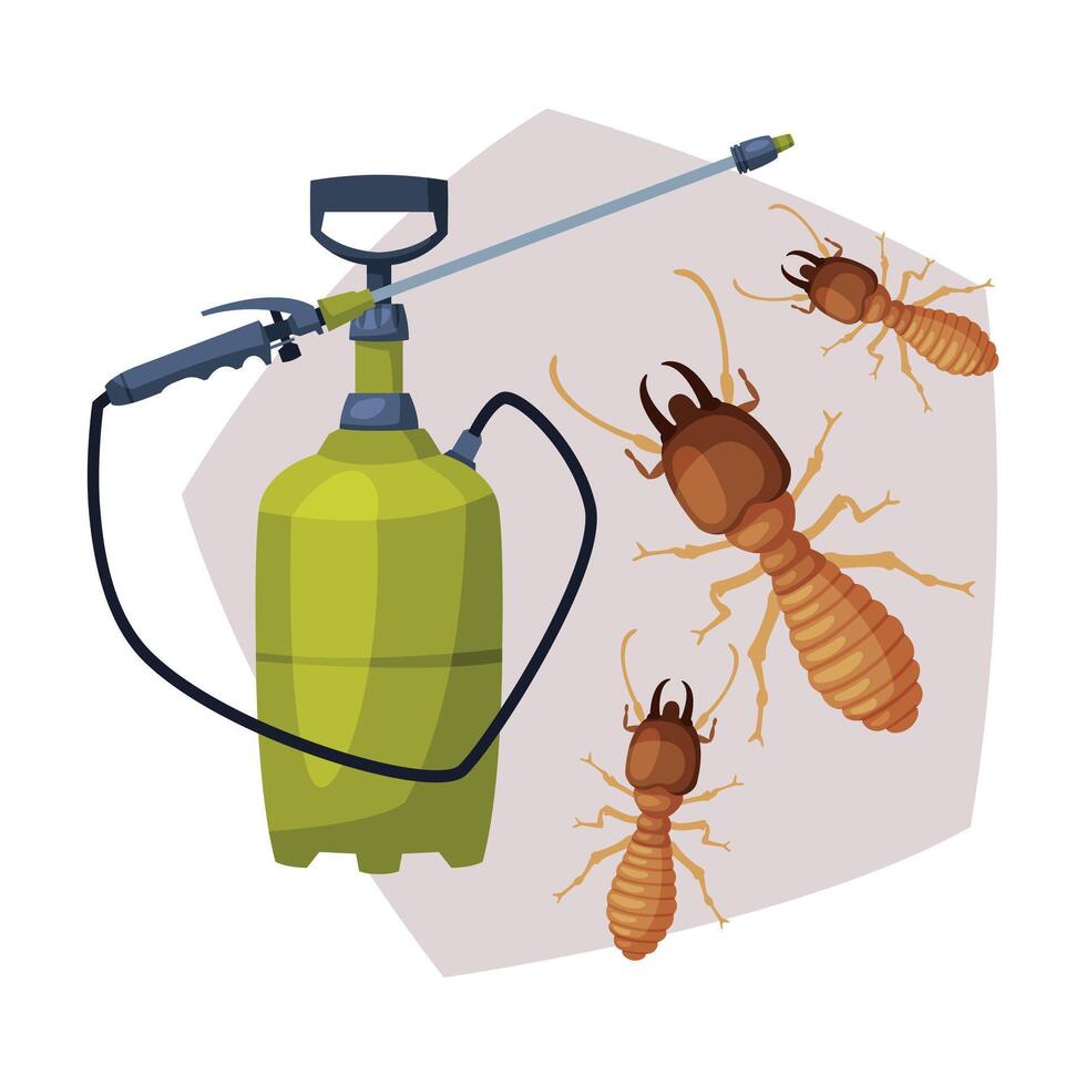 Sprayer Bottle of Termite Insect Insecticide, Pest Control Service, Detecting and Exterminating Insects Illustration vector