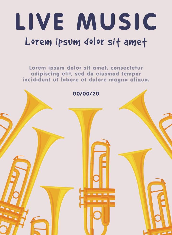 Live Music Banner with Trumpets Musical Instruments, Advertisement Poster, Brochure, Flyer, Invitation Card Illustration vector