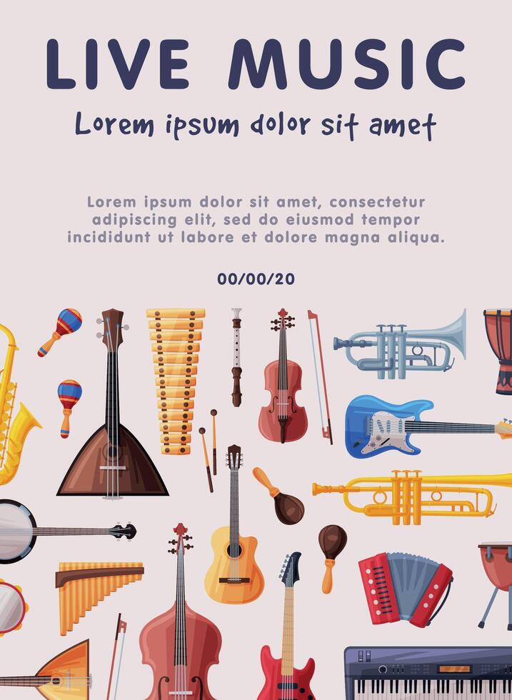Live Music Banner with Orchestral Musical Instruments, Advertisement Poster, Brochure, Flyer, Invitation Card Illustration vector