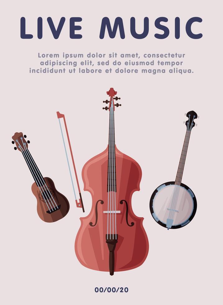 Live Music Banner with Classical Musical Instruments, Advertisement Poster, Brochure, Flyer, Invitation Card Illustration vector