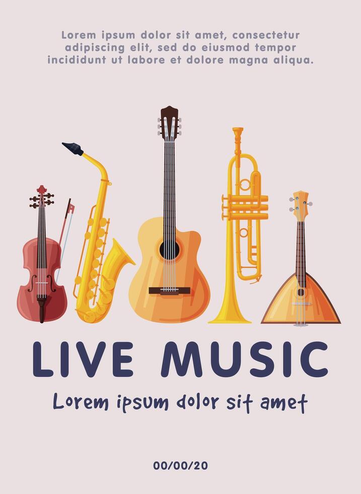 Live Music Festival Banner with Classical Musical Instruments, Advertisement Poster, Brochure, Flyer, Invitation Card Illustration vector