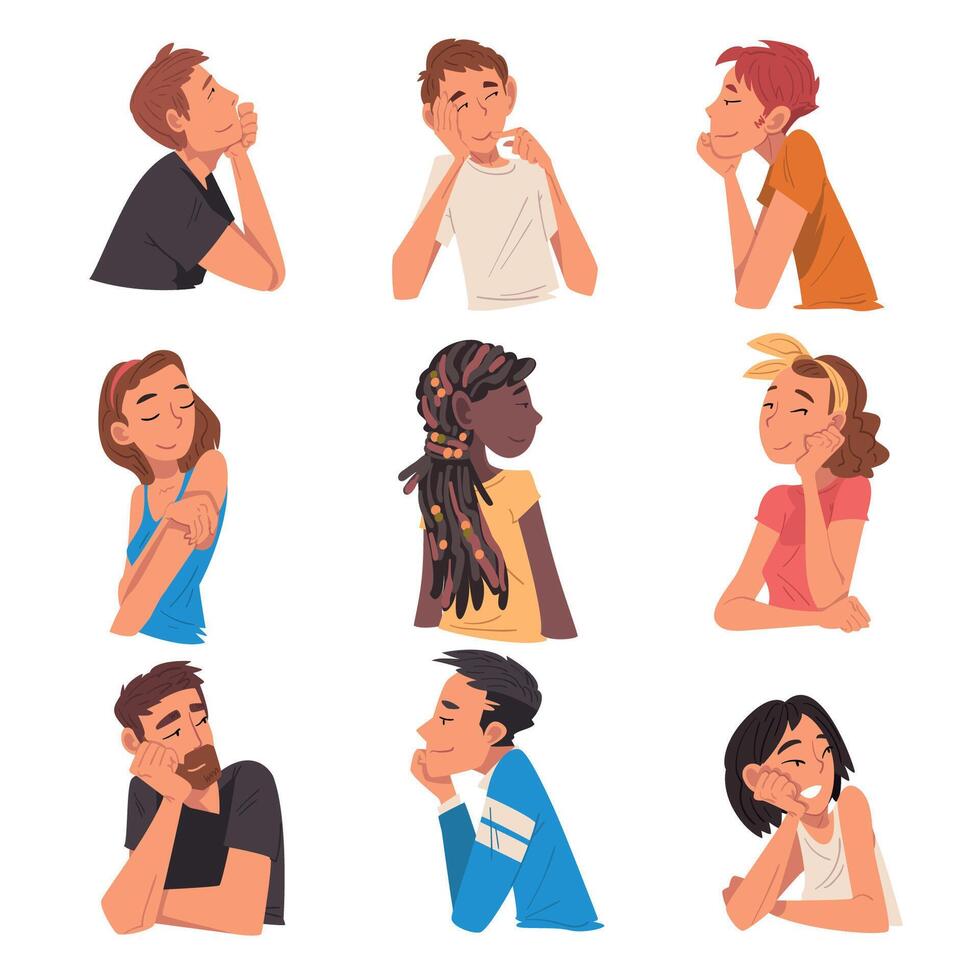 Thoughtful Relaxed People Set, Male and Female Persons Dreaming about Something Illustration vector