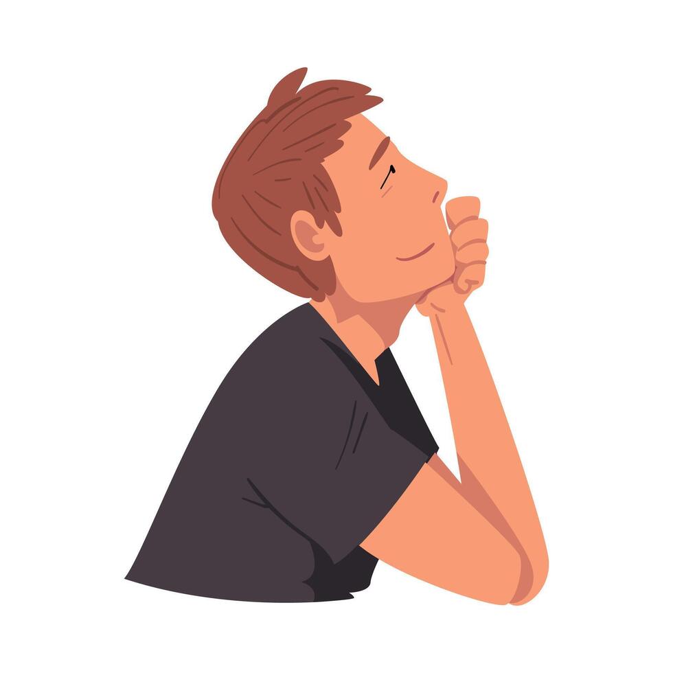 Side View of Thoughtful Relaxed Man, Guy Dreaming about Something, Male Person Sitting Supporting his Head by Hand and Looking up Illustration vector