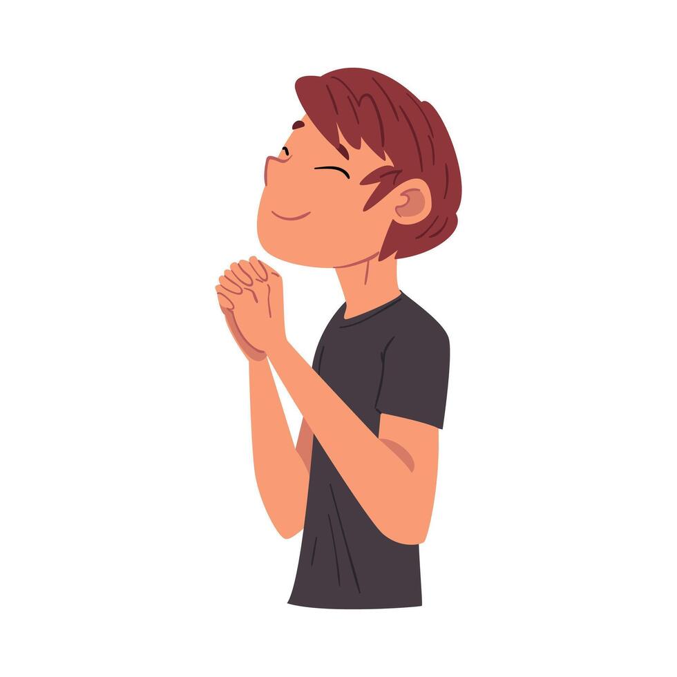 Boy Holding with Closed Eyes Standing in Prayer Pose, Smiling Relaxed Teenager Dreaming about Something Illustration vector