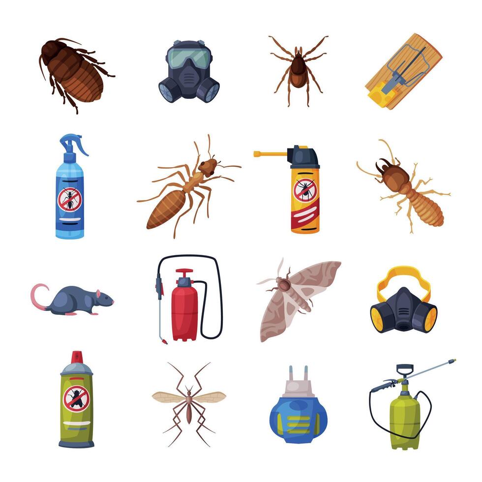 Extermination of Insects Equipment Set, Professional Pest Control Service Illustration on White Background vector