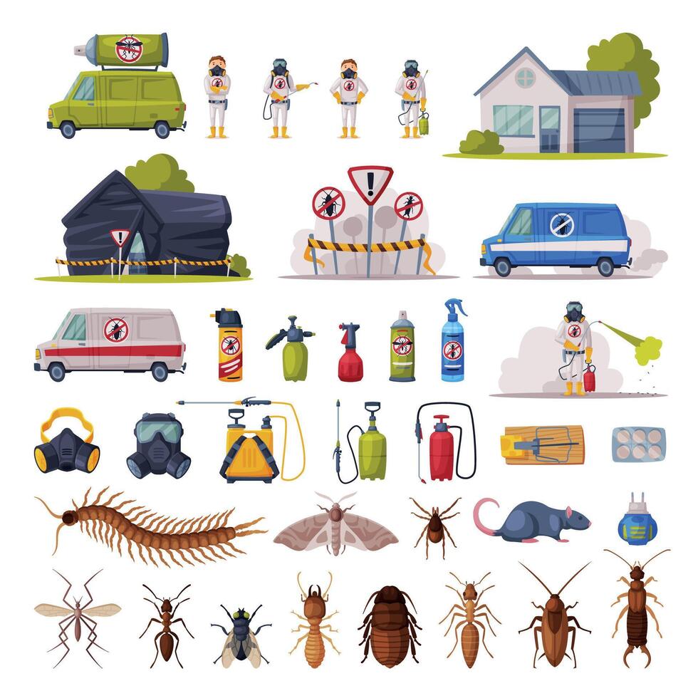 Home Pest Control Service Set, Exterminating and Protecting Equipment, Harmful Insects Illustration vector
